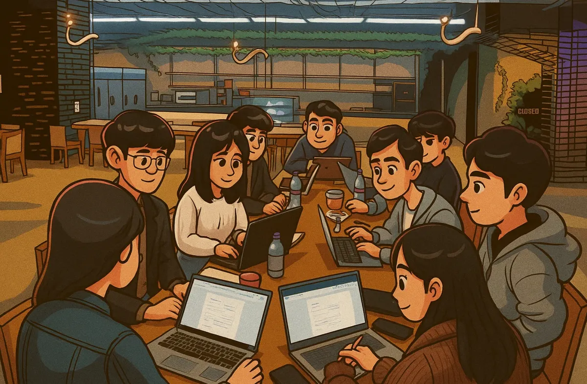 Participants gathered around laptops in a café, learning AI together